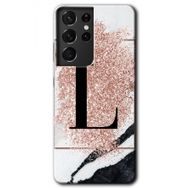 Samsung Galaxy S21 Ultra Pembe Mermer Desenli L Harfi Baskılı Uyumlu Silikon Kılıf