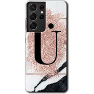 Samsung Galaxy S21 Ultra Pembe Mermer Desenli U Harfi Baskılı Uyumlu Silikon Kılıf