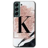 Samsung Galaxy S22 Pembe Mermer Desenli K Harfi Baskılı Uyumlu Silikon Kılıf