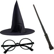 Samur 3'lü Set Harry Potter Siyah Şapkası Harry Potter Gözlüğü Harry Potter Asası