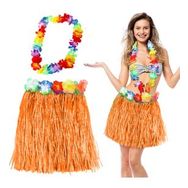 Samur Hawaii Luau Aloha Turuncu Püsküllü 40 cm Etek ve Hawaii Kolye Seti