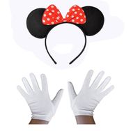 Samur Kırmızı Fiyonklu Minnie Mouse Tacı ve Beyaz Eldiven Seti