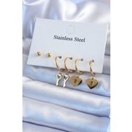 Shoecide 316L Çelik Gold Renk Kilit Kalp Model Kalp Anahtar Detay Kadın Küpe Seti