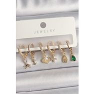 Shoecide Pirinç Gold Renk Zirkon Taşlı İnci Detay Çoklu Figür Kadın Küpe Seti