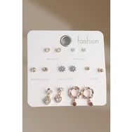 Shoecide Pirinç Gold Renk Zirkon Taşlı Sallantı Kalp Çiçek Figür 7 Çift Kadın Küpe Seti