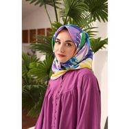 Silk Home 11406-18 Mavi-Krem Yaprak Desen Tivil İpek Eşarp