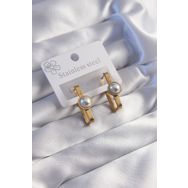 Skygo TJ-BKP9060 316L Çelik Gold Renk İnci Taşlı Dikdörtgen Model Küpe