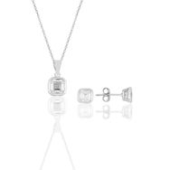 Söğütlü Silver Gümüş Rodyumlu Kare Kesim Zirkon Taşlı İkili Set Kolye Kupe