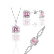 Söğütlü Silver Gümüş Rodyumlu Pembe Taşlı Kare Kolye Küpe ve Bileklik