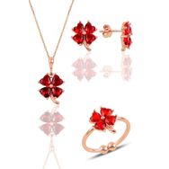 Söğütlü Silver Gümüş Rose Kırmızı Taşlı Yonca Kolye Küpe ve Yüzük Üçlü Set