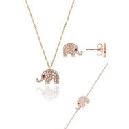 Söğütlü Silver SGTL10601 Rose Zirkon Taşlı Fil Kolye Bileklik ve Küpe Üçlü Gümüş Set