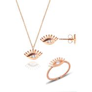 Söğütlü Silver SGTL10601 Rose Zirkon Taşlı Kirpikli Göz Kolye Bileklik ve Küpe Gümüş Üçlü Gümüş Set