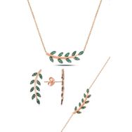 Söğütlü Silver SGTL10753 Rose Yeşil Taşlı Yaprak Kolye Ve Küpe Gümüş Set