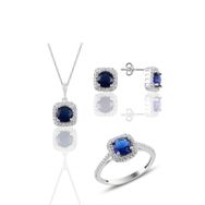 Söğütlü Silver SGTL10762 Gümüş Rodyumlu Safir Taşlı Kare Üçlü Set