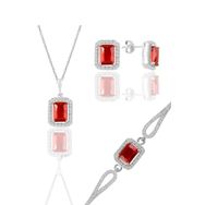 Söğütlü Silver SGTL11598 Gümüş Rodyumlu Kırmızı Taşlı Baget Kesim Üçlü Set