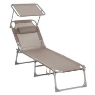 SONGMICS Katlanır Şezlong 193 x 53 x 29 cm, 150 kg Taşıma Kapasitesi, Bahçe, Havuz, Teras için Güneşlikli ve Yatar Sırtlıklı, Taupe GCB192K01