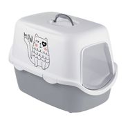 Stefanplast Cathy Griffe Beyaz Gri 56x40x40 cm Kedi Desenli Kapalı Kedi Tuvaleti