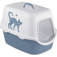 Stefanplast Cathy Griffe Beyaz Mavi 56x40x40 cm Kedi Desenli Kapalı Kedi Tuvaleti