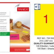 Tanex TW-2000 210x297 mm 100'lü Sarı Floresan Laser Etiket