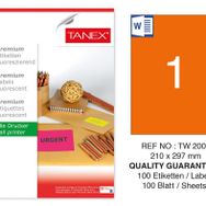 Tanex TW-2000 210x297 mm 100'lü Turuncu Floresan Laser Etiket
