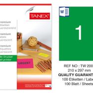 Tanex TW-2000 210x297 mm 100'lü Yeşil Floresan Laser Etiket