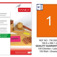 Tanex TW-2001 199.6x289.1 mm 100'lü Turuncu Floresan Laser Etiket