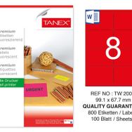 Tanex TW-2008 99.1x67.7 mm 100'lü Kırmızı Floresan Laser Etiket
