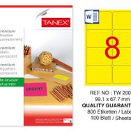 Tanex TW-2008 99.1x67.7 mm 100'lü Sarı Floresan Laser Etiket