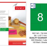 Tanex TW-2008 99.1x67.7 mm 100'lü Yeşil Floresan Laser Etiket