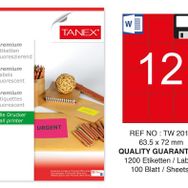 Tanex TW-2012 63.5x72 mm 100'lü Kırmızı Floresan Laser Etiket