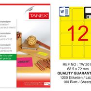 Tanex TW-2012 63.5x72 mm 100'lü Sarı Floresan Laser Etiket