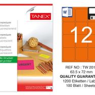 Tanex TW-2012 63.5x72 mm 100'lü Turuncu Floresan Laser Etiket