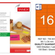 Tanex TW-2016 99.1x34 mm 100'lü Turuncu Floresan Laser Etiket
