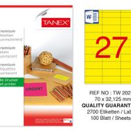 Tanex TW-2027 70x32.125 mm 100'lü Sarı Floresan Laser Etiket