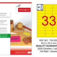 Tanex TW-2033 63.5x25.4 mm 100'lü Sarı Floresan Laser Etiket