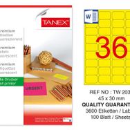 Tanex TW-2036 45x30 mm 100'lü Sarı Floresan Laser Etiket