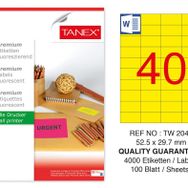 Tanex TW-2040 52.5x29.7 mm 100'lü Sarı Floresan Laser Etiket