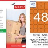 Tanex TW-2048 32x32 mm 100'lü Turuncu Floresan Laser Etiket