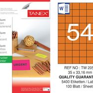 Tanex TW-2054 35x33.16 mm 100'lü Turuncu Floresan Laser Etiket