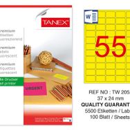 Tanex TW-2055 37x24 mm 100'lü Sarı Floresan Laser Etiket