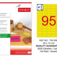 Tanex TW-2095 30x12 mm 100'lü Sarı Floresan Laser Etiket