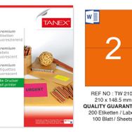 Tanex TW-2102 210x148.5 mm 100'lü Turuncu Floresan Laser Etiket