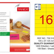 Tanex TW-2105 105x37.125 mm 100'lü Sarı Floresan Laser Etiket