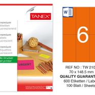 Tanex TW-2106 70x148.5 mm 100'lü Turuncu Floresan Laser Etiket