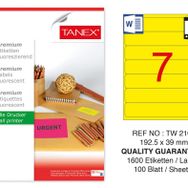 Tanex TW-2107 192.5x39 mm 100'lü Sarı Floresan Laser Etiket