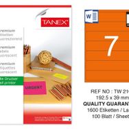 Tanex TW-2107 192.5x39 mm 100'lü Turuncu Floresan Laser Etiket