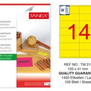 Tanex TW-2114 105x41 mm 100'lü Sarı Floresan Laser Etiket