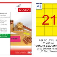 Tanex TW-2121 70x38 mm 100'lü Sarı Floresan Laser Etiket