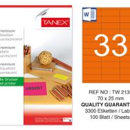 Tanex TW-2133 70x25 mm 100'lü Turuncu Floresan Laser Etiket