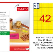 Tanex TW-2154 35x42.43 mm 100'lü Sarı Floresan Laser Etiket